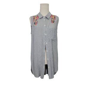 VTG Women's Striped Sleeveless Button-Up Shirt Floral Embroidery by Velvet Heart